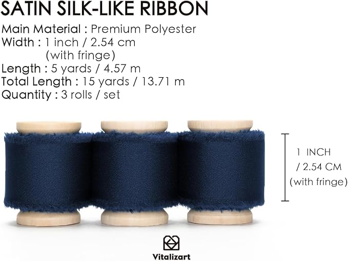 Vitalizart Silk Satin Ribbon 1 Inch x 15 Yard Wooden Spool Navy Blue Handmade Frayed Ribbon for Gift Wrapping Baby Shower Wedding Bridal Bouquets Holiday Decor 3 Rolls x 5 Yard