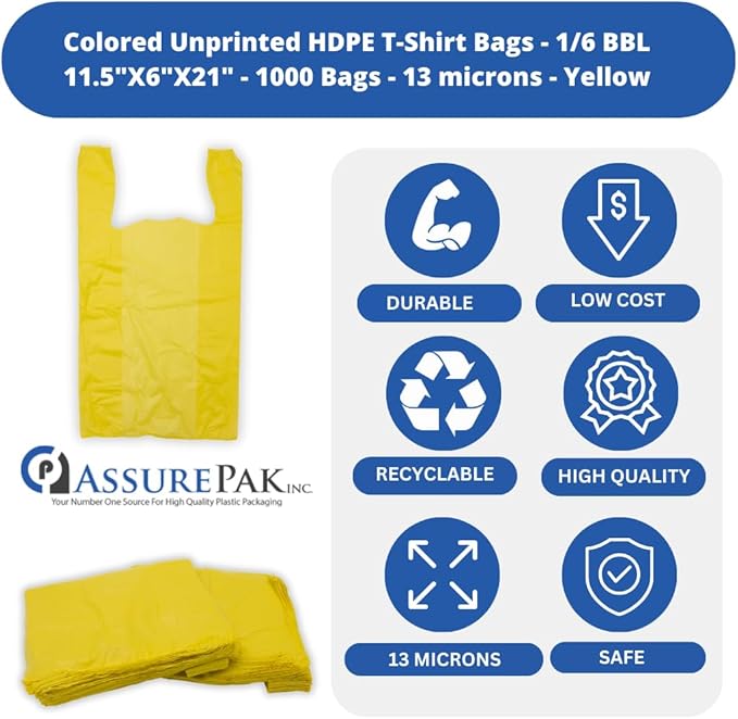 1000 Bags - Colored Unprinted HDPE T-Shirt Bags - 1/6 BBL 11.5"X6"X21" - 13 microns - Yellow - Perfect for Groceries, Shopping, Boutique Bags and Retail Stores LOOP-YELLOW