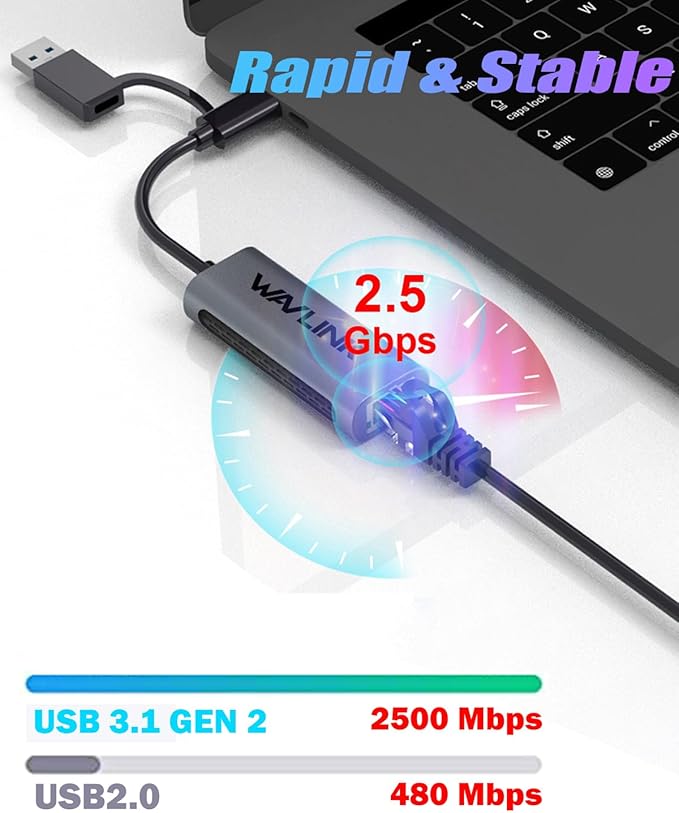 Wavlink USB C to Ethernet Adapter 2.5 Gbps, 2-in-1 USB to 2.5G Ethernet Adapter, USB-C to RJ45 Network Converter (Thunderbolt 4/3 Compatible), Aluminum Case for Windows, Mac OS, iPad OS and More.