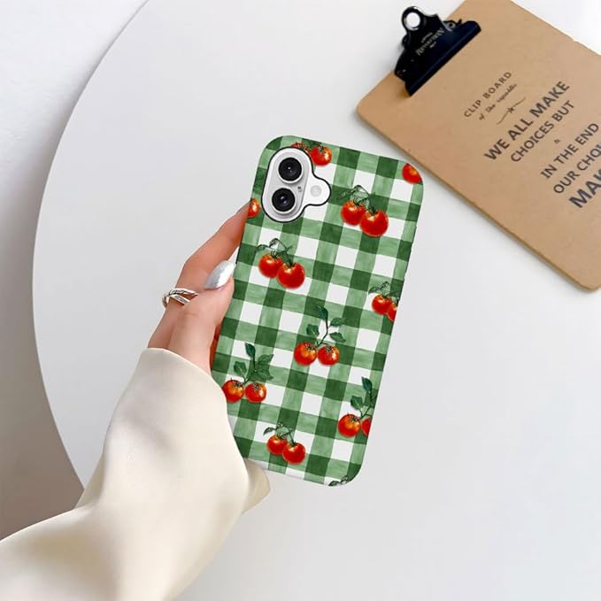 DAIZAG Case Compatible with for iPhone 16 Plus,Green Red Checkerboard Tomatoes Watercolor Phone Case for iPhone 16 Plus for Girl Women Boy Men