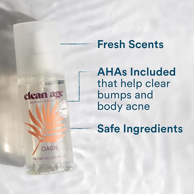 Aluminum Free Deodorant & Body Spray for Whole Body - Oasis 4oz (2 Pack) Clean Deodorant and Body Spray for Teen Boys and Girls - With AHA For Body Acne - Body Spray for Teens Formula