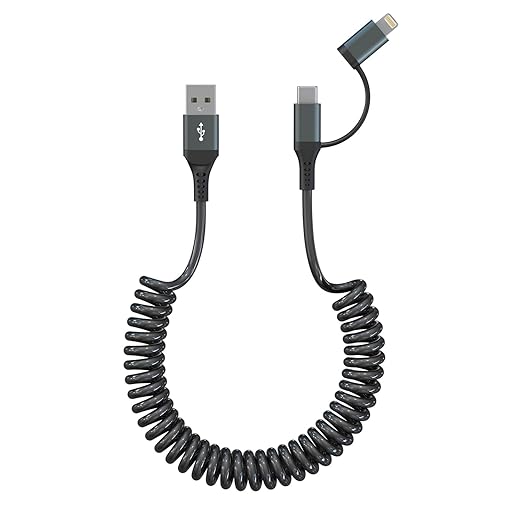 USB to USB C and Lightning Cable Support Apple Carplay & Android Auto - 3A Fast Charge & 480Mbps Data Sync Coiled Lightning Cable USB C iPhone Charger Cord for iPhone 16 15 14 13 12 11 Android