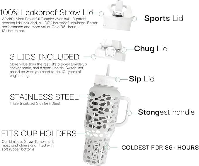 Coldest Tumbler with Handle and Straw, 100% Leak Proof Insulated Tumbler with Lid and Straw (3 Lids), Stainless Steel Tumblers for Women & Men, Cup Holder Friendly, 46 oz (Silver Leopard)