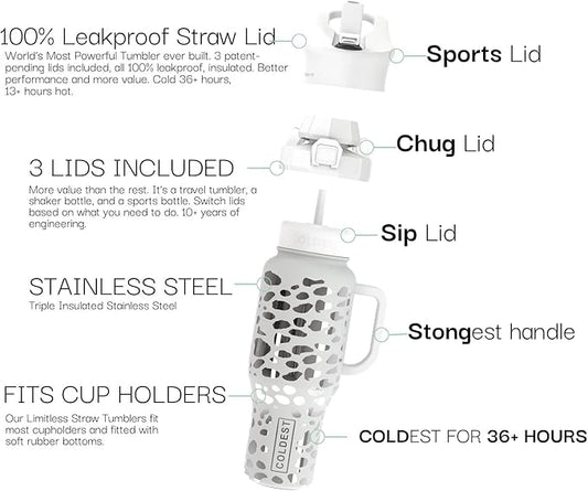 Coldest Tumbler with Handle and Straw, 100% Leak Proof Insulated Tumbler with Lid and Straw (3 Lids), Stainless Steel Tumblers for Women & Men, Cup Holder Friendly, 46 oz (Silver Leopard)