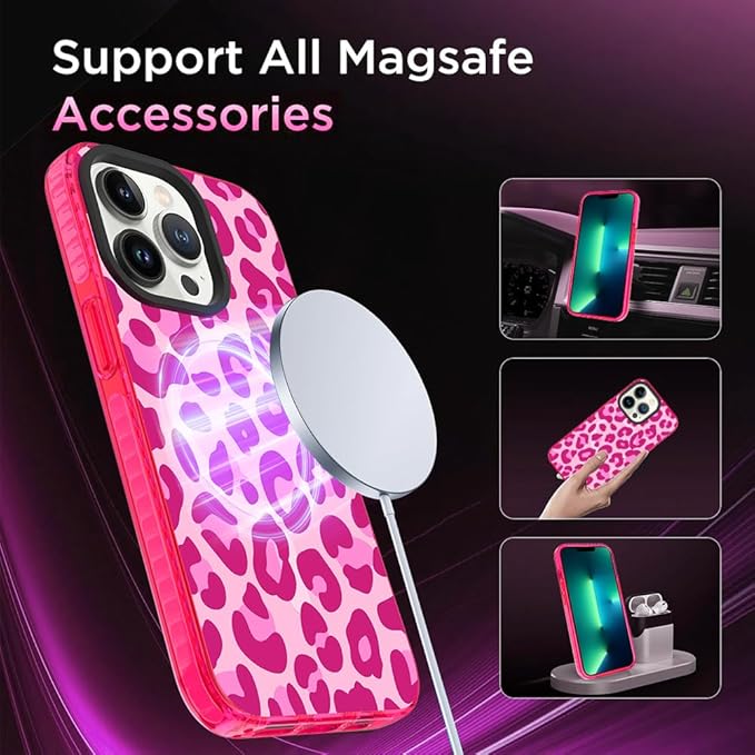 SAKUULO Magnetic for iPhone 13 Pro Case Hot Pink Leopard Print Pattern [Compatible with MagSafe] Wireless Charge Strengthen Protection Cover, Hot Pink Leopard (6.1")