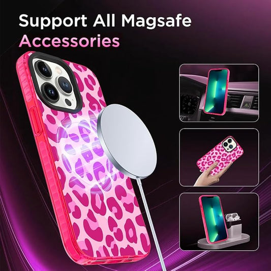 SAKUULO Magnetic for iPhone 13 Pro Case Hot Pink Leopard Print Pattern [Compatible with MagSafe] Wireless Charge Strengthen Protection Cover, Hot Pink Leopard (6.1")