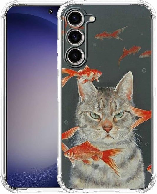 Case for Samsung Galaxy S23+ with Cool Cat Design,Cute Goldfish Pattern for Children,Clear Soft TPU Bumper Phone Cover,6.6"(Cat,S23P)
