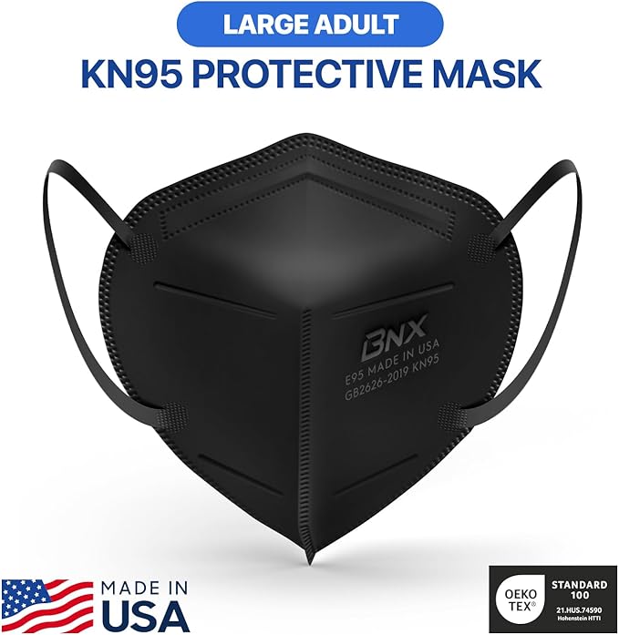 BNX KN95 Face Masks Made in USA (Adult Large, Adult Medium, Kids Small) (Earloop) (Model: E95/E95M/E95S)