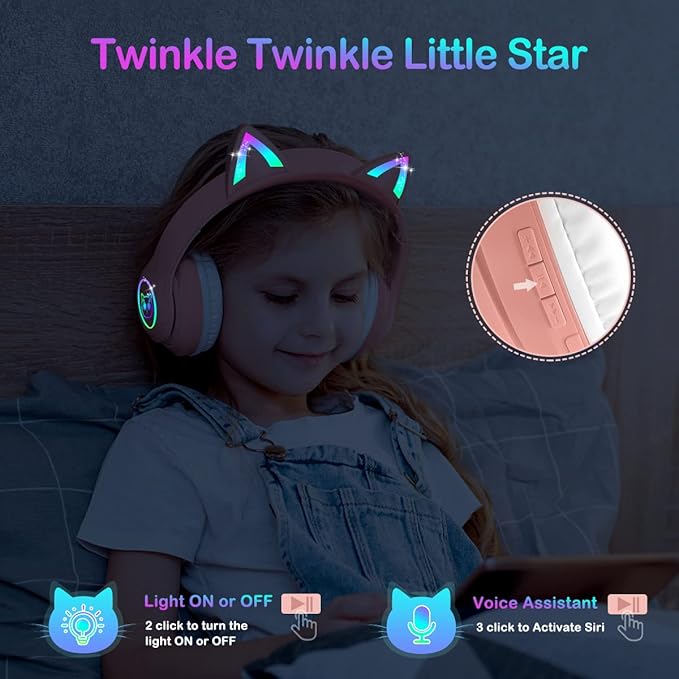 LOBKIN Bluetooth 5.4 Kids Headphones with Case - RGB LED Light Up Cat Ears Foldable Adjustable Over Ear Headphone Support Wireless or 3.5mm Wired Mode for Toddler & Girls & Boys Teens