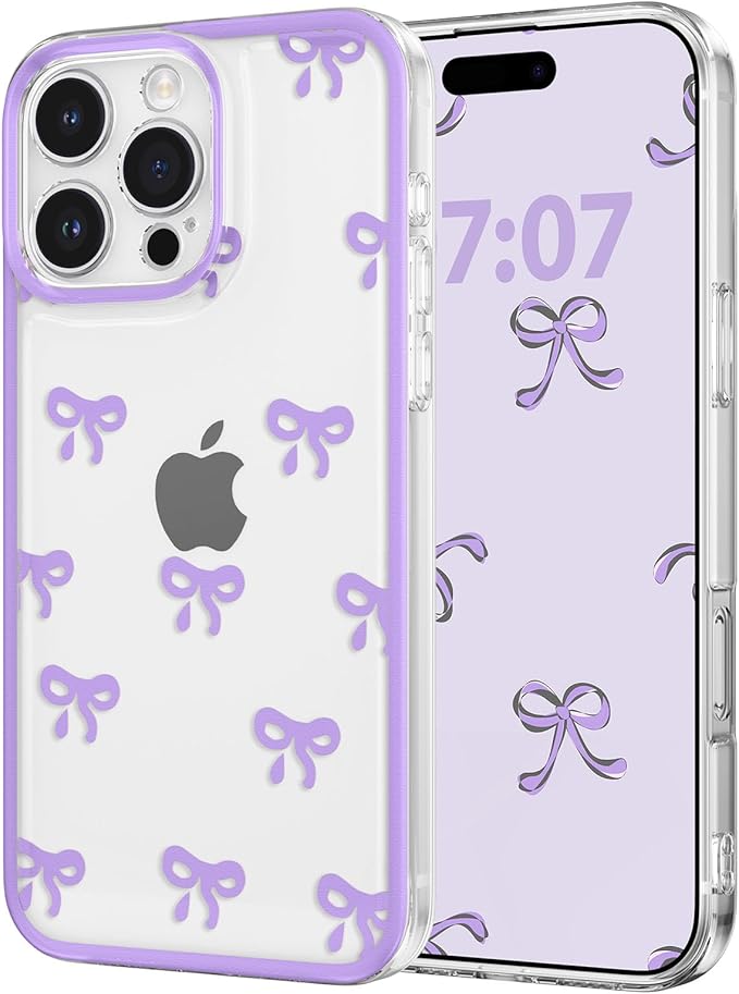 EYZUTAK Case for iPhone 16 Pro, Clear Cute Ribbon Bowknot Pattern Aesthetic Transparent Phone Case Raised Camera Protection Stylish Slim Soft Durable TPU Protective Cover for Women Girls - Purple