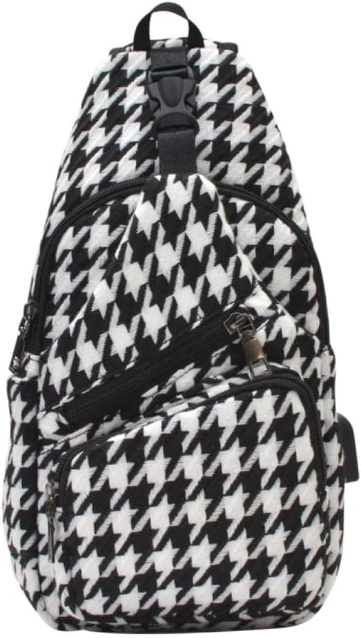 Anti-Theft Daypack Crossbody Sling Backpack, USB Charging, Lightweight Day Pack for Travel, Hiking, Everyday, Regular, Houndstooth