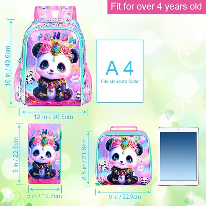 3Pcs Panda Backpack for Girls, 16" Kids School Backpacks with Lunch Box, Bookbag for Elementary Preschool Kindergarten(Pink)