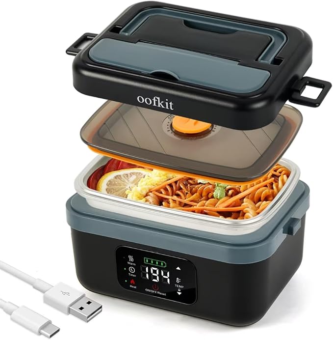 Electric Lunch Box For Adults(Men & Women),Heated Lunch Box Battery Powered With USB Charge port,Self Heating Coreless,Portable Food Warmer For meals on the go(1L Black)
