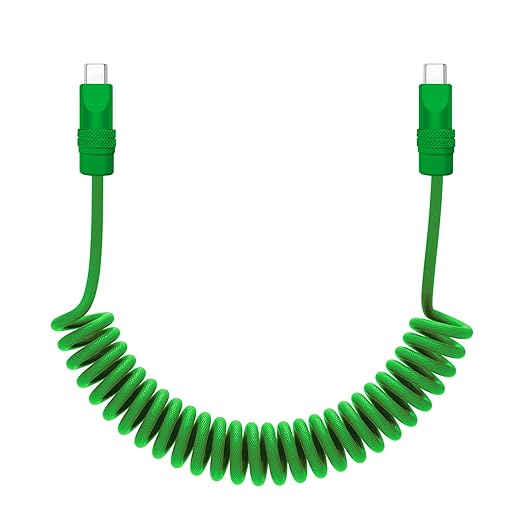 chubbycable Curly Chubby Retractable Fast Charging Cable 120W Coiled Charger Cord for Car Durable USB C Cable Compatible with iPhone 16/15 Series, Green+Green, Type-C to Type-C, 1.3FT-2.3FT
