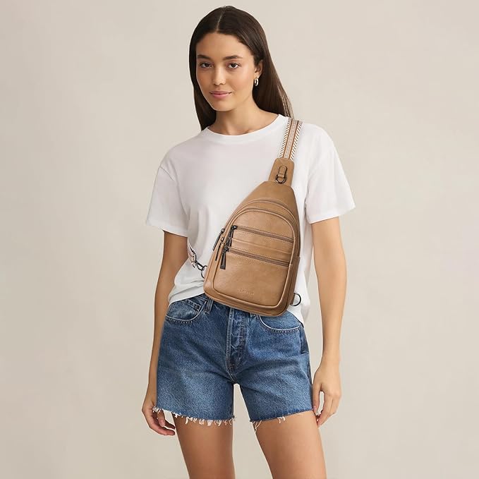 Sling Bag for Women Cross Body Purse Fanny Pack Sling Backpack Vegan Leather Shoulder Crossbody Bag Travel Tan