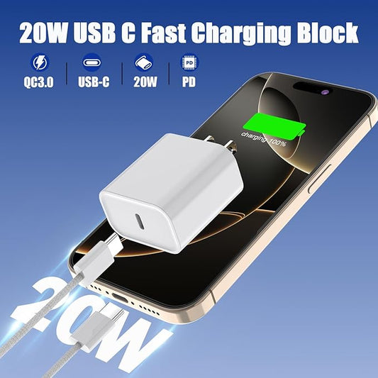 Fast Charger for iPhone 17 16,【Apple MFi Certified】20W Type C Wall Charger Block with 10Foot USB C to C Woven Braided Cable for iPhone 17/17 Air/17 Pro Max/17 Pro/16/16 Pro Max/16 Plus/15/iPad/Airpods