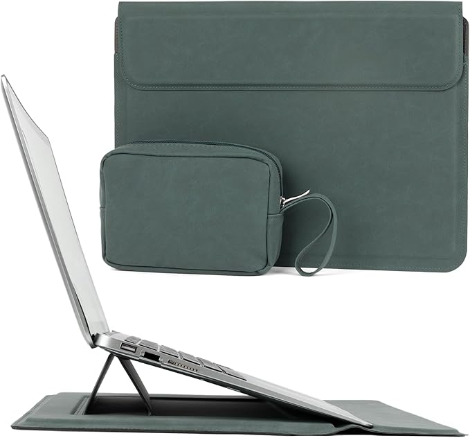 Allinside 13-14 Inch Laptop Sleeve Case for MacBook Pro 14" 2021-2024/MacBook Air 13" 2010-2017/MacBook Pro 13" 2010-2015, Waterproof PU Leather Sleeve Cover with Stand & Accessory Pouch, Dark Green