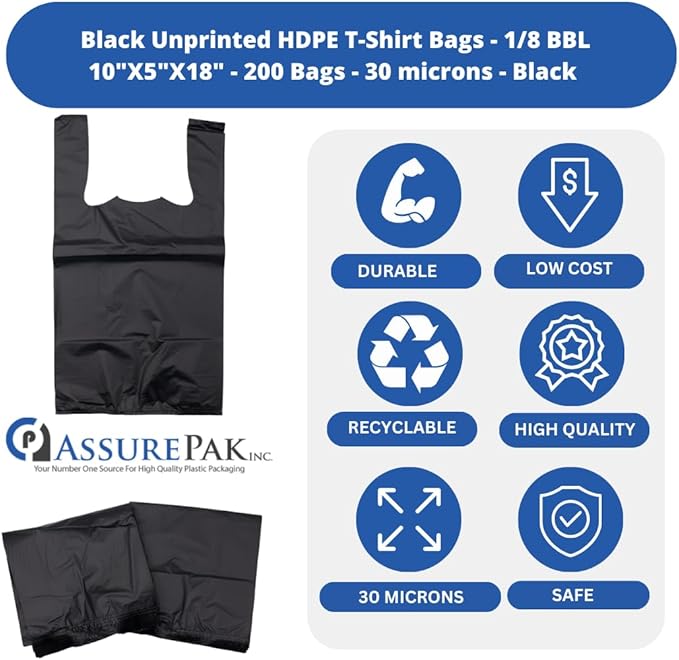 Black Unprinted HDPE T-Shirt Bags - 1/8 BBL 10"X5"X18" - 200 Bags - 30 microns - Black - Perfect for Grocery Shopping and Store Purchases BLK818EHD30M-EO - AssurePak