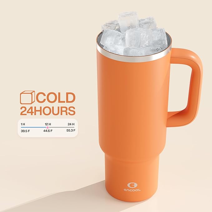 40 oz Tumbler with Handle and Straw: Stainless Steel Insulated Tumbler Keeps Cold for 24 Hours, Leakproof Travel Cup Fits in Cup Holder and BPA-Free, Moderate Orange