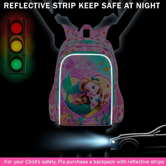 3Pcs Mermaid Backpack, 16" Kids Bookbag for Girls with Lunch Box, School Backpacks Set for Elementary Preschool Kindergarten(Pink)