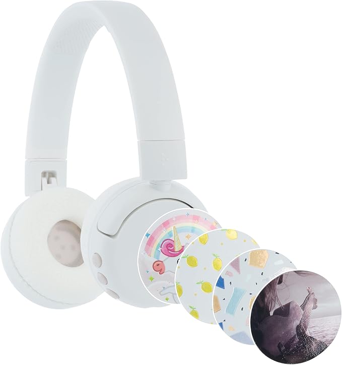 BuddyPhones POP Fun | Foldable Bluetooth Kids Headphones + Microphone, Works Wired or Wireless - SafeAudio Volume Limiting for iPhone/iPad/Tablet/PC and More (White)