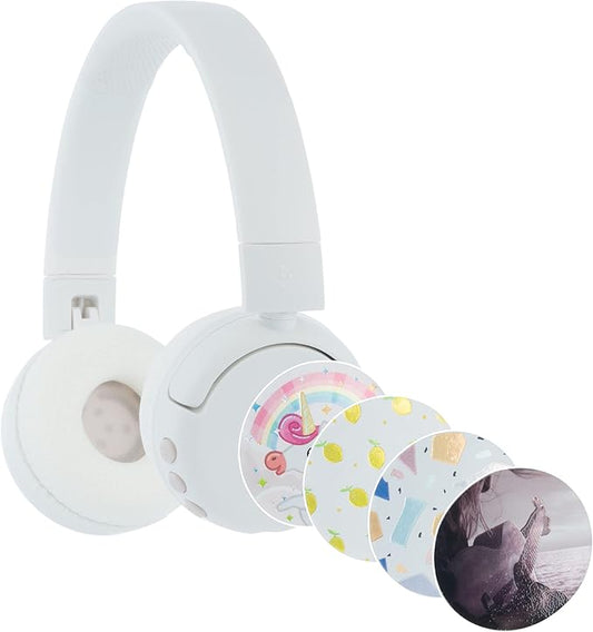 BuddyPhones POP Fun | Foldable Bluetooth Kids Headphones + Microphone, Works Wired or Wireless - SafeAudio Volume Limiting for iPhone/iPad/Tablet/PC and More (White)