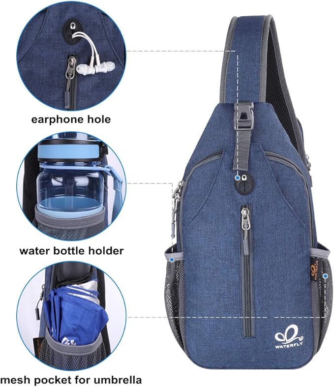 WATERFLY Crossbody Sling Backpack Sling Bag Travel Hiking Chest Bag Daypack