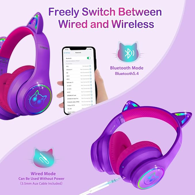 LOBKIN Bluetooth 5.4 Kids Headphones with Case - RGB LED Light Up Cat Ears Foldable Adjustable Over Ear Headphone Support Wireless or 3.5mm Wired Mode for Toddler & Girls & Boys Teens