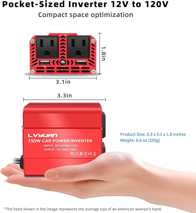150W Power Inverter, LVYUAN Inverter 12V DC to 110V AC Car Plug in Adapter Outlet Dual 6.2A Charging USB Vehicle Converter for Phone, Laptops, Road Trip Charger
