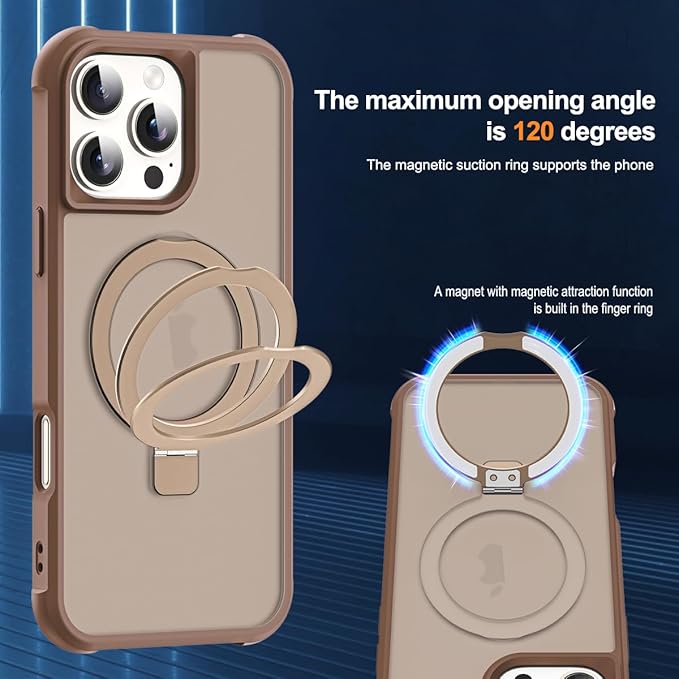 Compatible with iPhone 16 Pro Max Case with Invisible Magnetic O-Ring Stand Military-Grade Translucent Case for iPhone 16 ProMax 6.9" [Compatible with Mag-Safe][Great Grip Feeling],Desert Brown