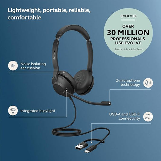 Jabra Evolve2 30 SE (2025 Version) Wired Dual-Ear Headset with Microphone for Work – Computer Headset - New USB-A and USB-C Cable - Works with All Online Meeting Platforms - Black