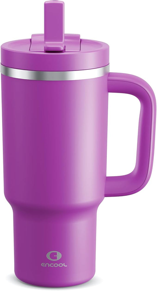 32 oz Tumbler with Handle and Straw: Stainless Steel Insulated Tumbler Keeps Cold for 24 Hours, Leakproof Travel Cup Fits in Cup Holder and BPA-Free, Bright Magenta