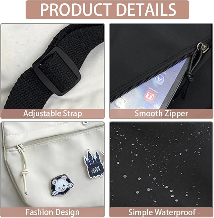 Nylon Messenger Bag Kawaii Crossbody Bag with Cute Pins Aesthetic Shoulder Bag for Women and Men