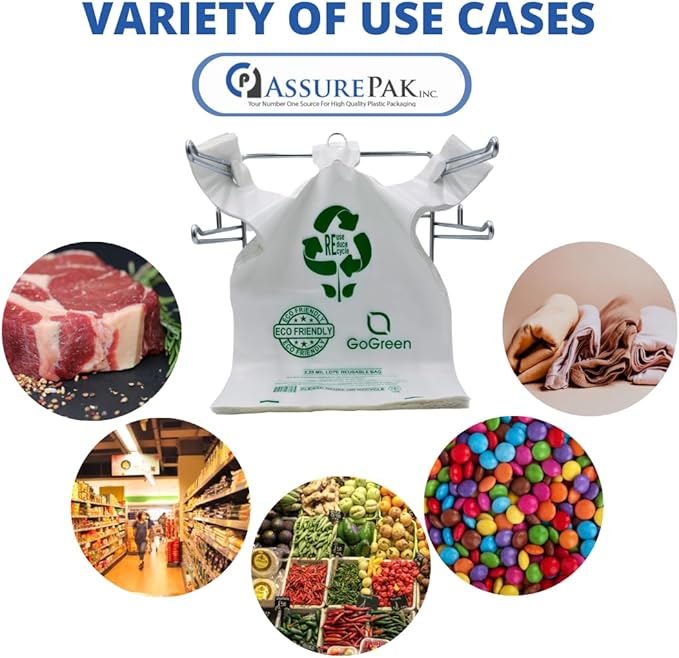 White Reusable/Eco-Friendly LDPE T-Shirt - Super Jumbo 20"x10"x36" - 100 Bags - 57 Micron (2.25 mil) - White - WHLD225MREUSE201036 - AssurePak
