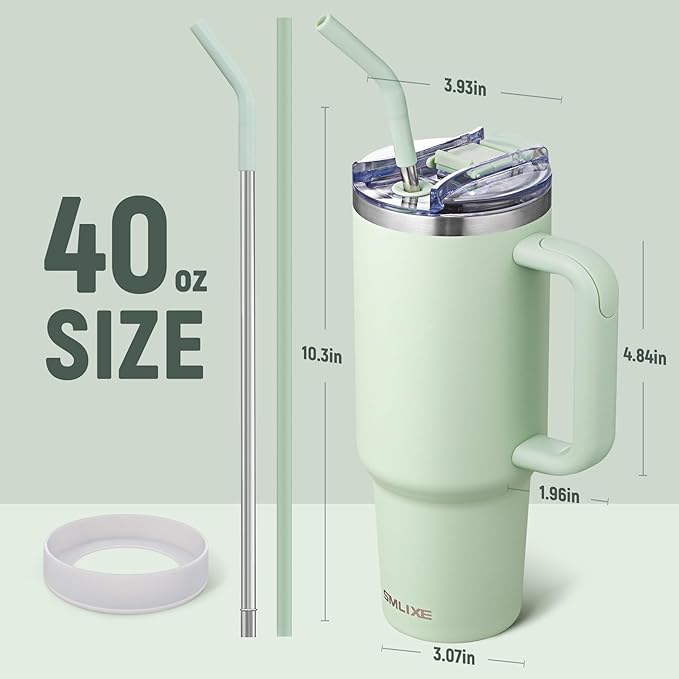 40 oz Tumbler with Handle and Straw Lid,Insulated Reusable Stainless Steel Water Bottle Travel Mug，Cupholder Friendly Double Wall Vacuum Sealed Cup (Light Green)