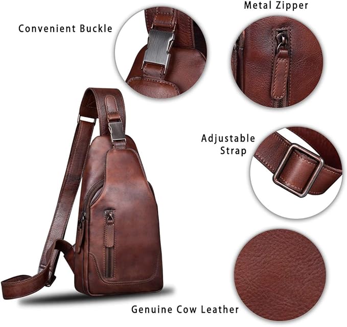 IVTG Genuine Leather Sling Bag for Men and Women Chest Shoulder Crossbody Hiking Backpack Vintage Handmade Daypack