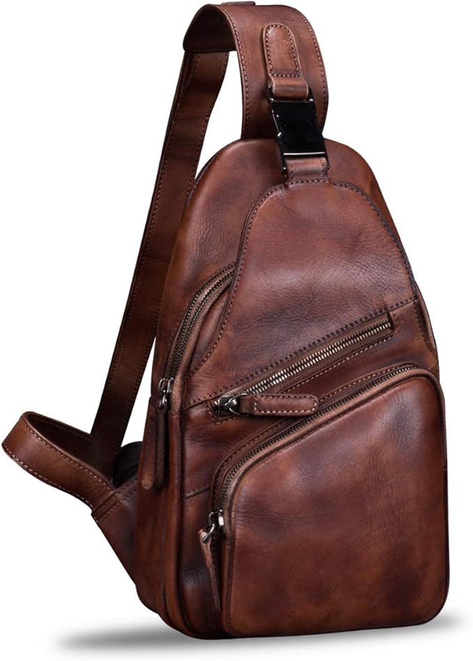 IVTG Genuine Leather Sling Bags for Men and Women Chest Shoulder Backpack Handmade Crossbody Motocycle Daypack