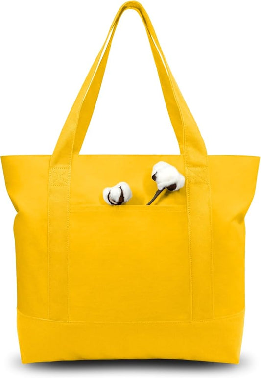 TOPDesign 1-Pack Canvas Tote Bags with an External Pocket, Reusable Grocery Shopping Bags, Top Zipper Closure, Daily Essentials (Yellow)