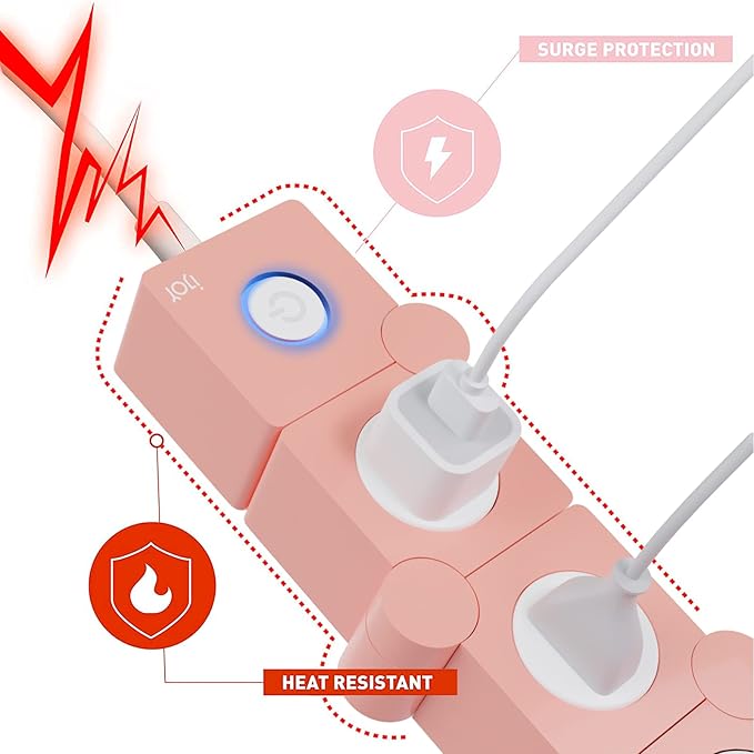 iJoy Flexible Power Strip - 3 AC Outlets and 2 USB Charging Ports with Pink Extension Cord, Power Strips with Surge Protection, Decorative Surge Protector Outlet Extender for Home, Office, and More