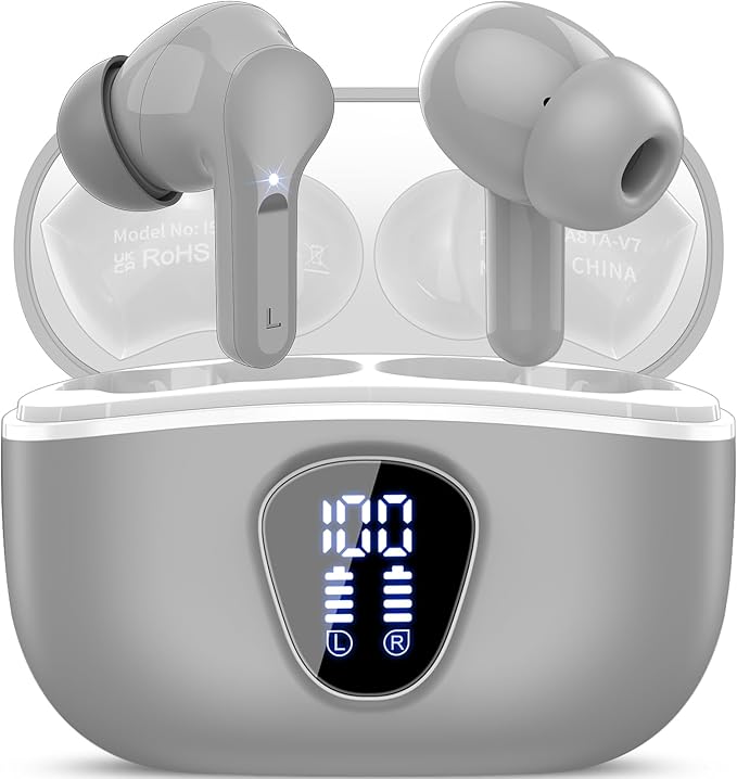 Wireless Earbuds, Bluetooth 5.4 Headphones HiFi Stereo, Bluetooth Earbuds with ENC Noise Cancelling Mic, IP7 Waterproof in Ear Earphones, 48H, LED Display Ear Buds for Pad Workout Sports, Grey