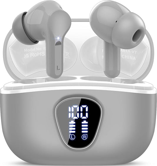 Wireless Earbuds, Bluetooth 5.4 Headphones HiFi Stereo, Bluetooth Earbuds with ENC Noise Cancelling Mic, IP7 Waterproof in Ear Earphones, 48H, LED Display Ear Buds for Pad Workout Sports, Grey