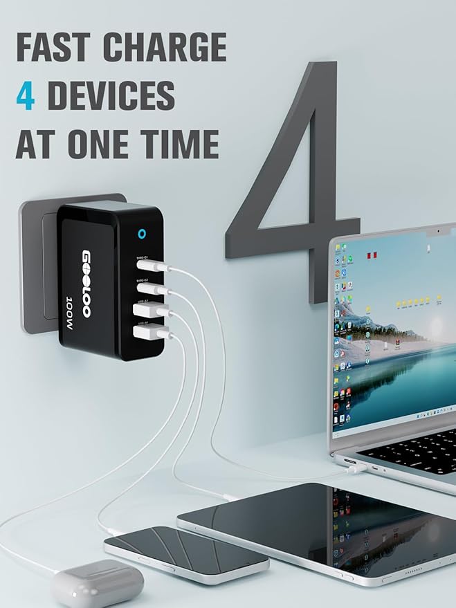 Gooloo 100W USB C Charger Block, 4-Port Foldable Compact Fast Wall Charger for MacBook Pro/Air/iPad/iPhone Series and More, SuperSafe Power Adapter for Gooloo GT4000S/GT3000 Jump Starters