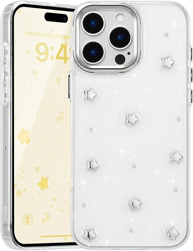 EYZUTAK Case for iPhone 16 Pro, Bling Glitter 3D Stars Phone Case Cute Sparkly Crystal Clear Star Aesthetic Design Case Slim Soft Durable TPU Transparent Protective Cover for Women Girls - Star