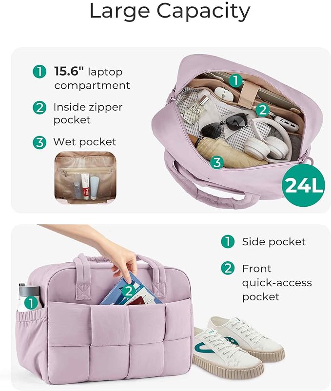 BAGSMART Gym Bag for Women, 24L Puffer Travel Duffle Bag for Travel with Laptop Compartment, Weekender Bags for Women, Carry On Duffel Bag Personal Item Bag, Mist Purple