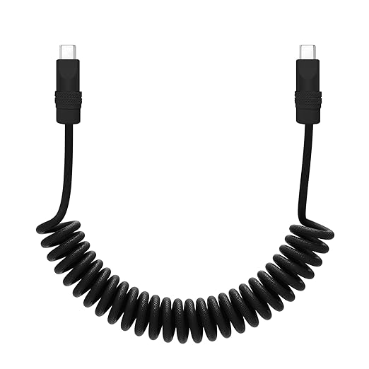 chubbycable Curly Chubby Retractable Fast Charging Cable 120W Coiled Charger Cord for Car Durable USB C Cable Compatible with iPhone 16/15 Series, Black+Black, Type-C to Type-C, 1.3FT-2.3FT