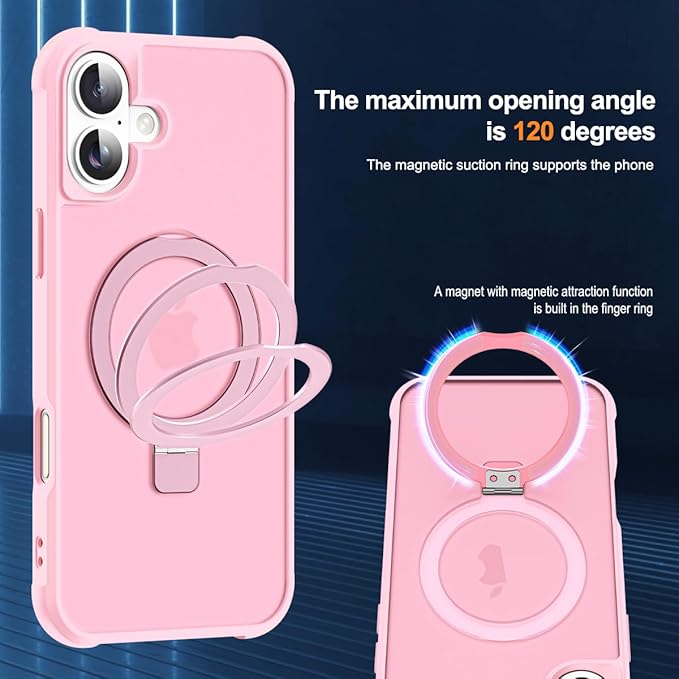 Compatible with iPhone 17 Case with Invisible Magnetic O-Ring Stand Military-Grade Translucent Phone Case for iPhone 17 6.3" [Compatible with Mag-Safe][Great Grip Feeling], Pink