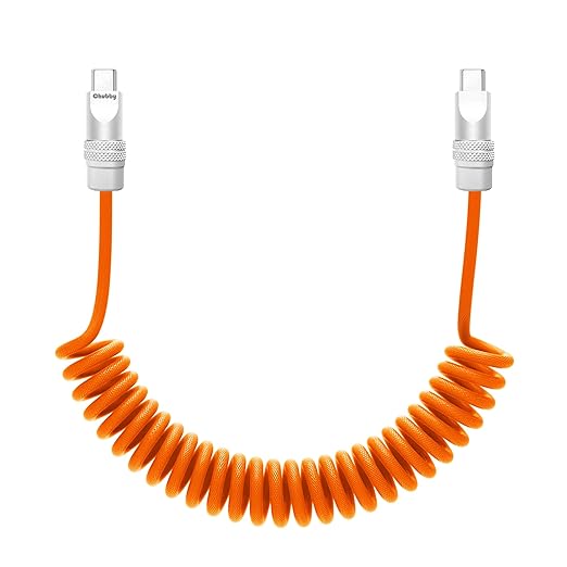 chubbycable Curly Chubby Retractable Fast Charging Cable 240W Coiled Charger Cord for Car Durable USB C Cable Compatible with iPhone 16/15 Series, Orange, Type-C to Type-C, 1.3FT-2.3FT