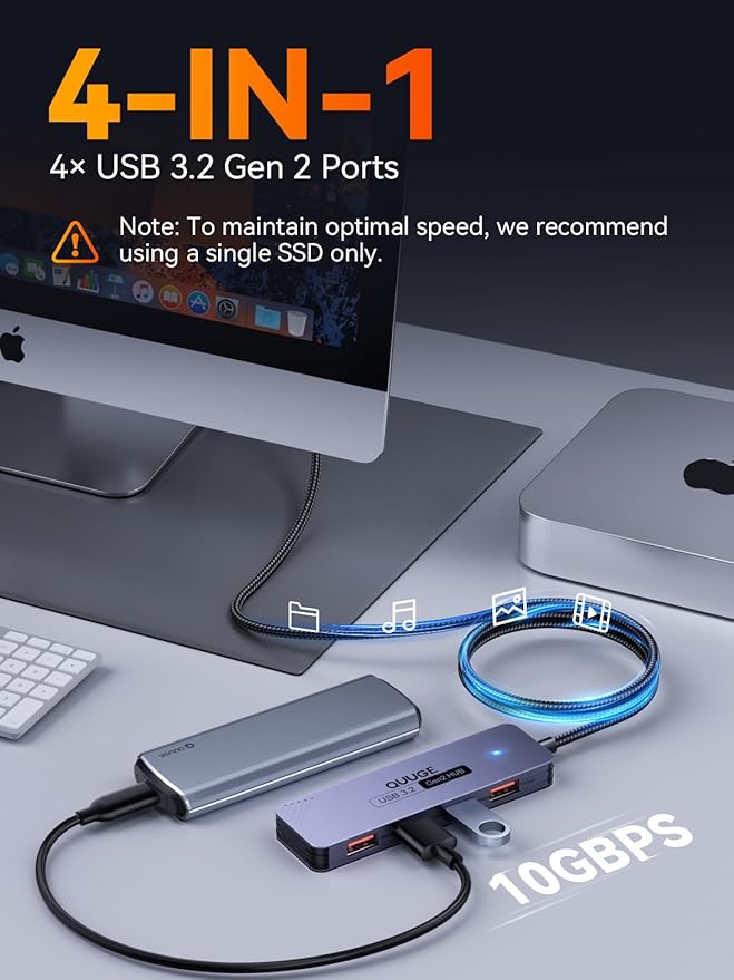 USB C Hub 10Gbps, Type C to USB Multiport Adapter, USB C to USB Extender USB 3.2 Gen 2 Protocol, for MacBook, iMac, Surface, Mobile HDD, and More (3.3ft USB-C Connector, Charging Not Supported)
