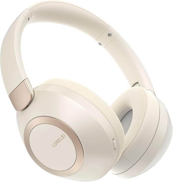 LORELEI B-C6 Wireless Over Ear Headphones, 50H Playtime Foldable Lightweight Bluetooth Headsets, Deep Bass, Built-in Microphone, Memory Foam Earmuff, for Travel, Home Office (Beige White)