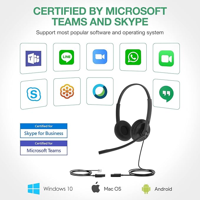 Yealink Phone Headsets for Office Phones YHS34 Lite QD to RJ9 Wired Headset Compatible with Poly Snom Grandstream Phones Desk Landline Headset with Microphone -Dual/111g/2.1m Cable